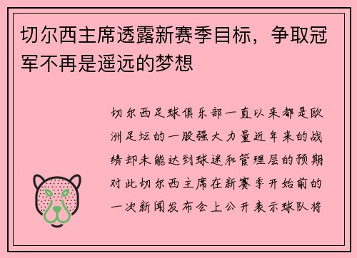 切尔西主席透露新赛季目标，争取冠军不再是遥远的梦想